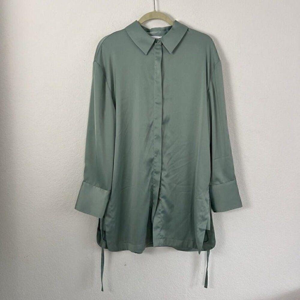 House of Harlow 1960 Revolve Women Blue Green Satin long Sleeve Mini Shirt Dress - Picture 1 of 12
